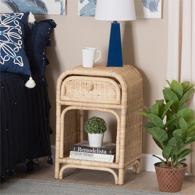 Pemberly Row Modern Bohemian Natural Brown Rattan 1-Drawer Nightstand