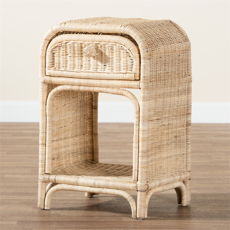Pemberly Row Modern Bohemian Natural Brown Rattan 1-Drawer Nightstand