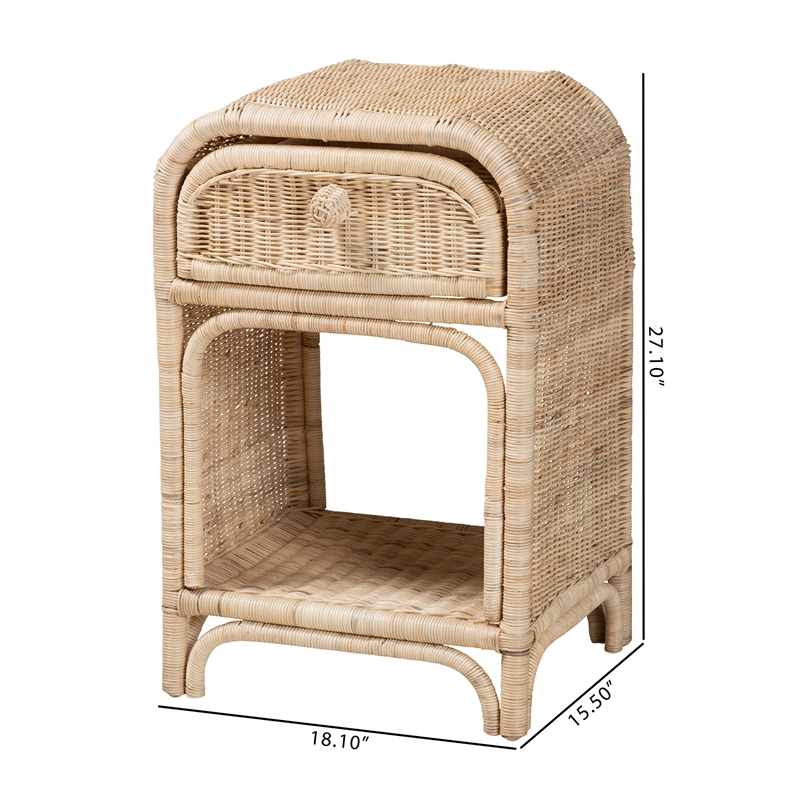 Pemberly Row Modern Bohemian Natural Brown Rattan 1-Drawer Nightstand