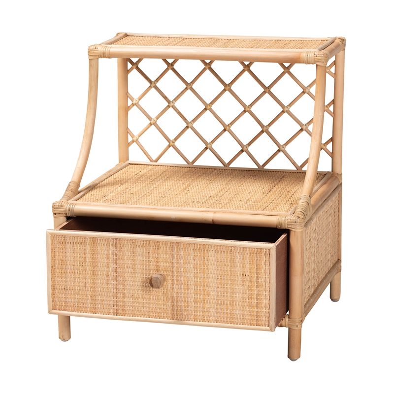 Pemberly Row Modern Bohemian Natural Brown Rattan 1-Drawer Nightstand