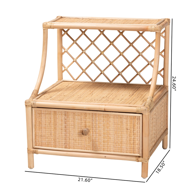 Pemberly Row Modern Bohemian Natural Brown Rattan 1-Drawer Nightstand