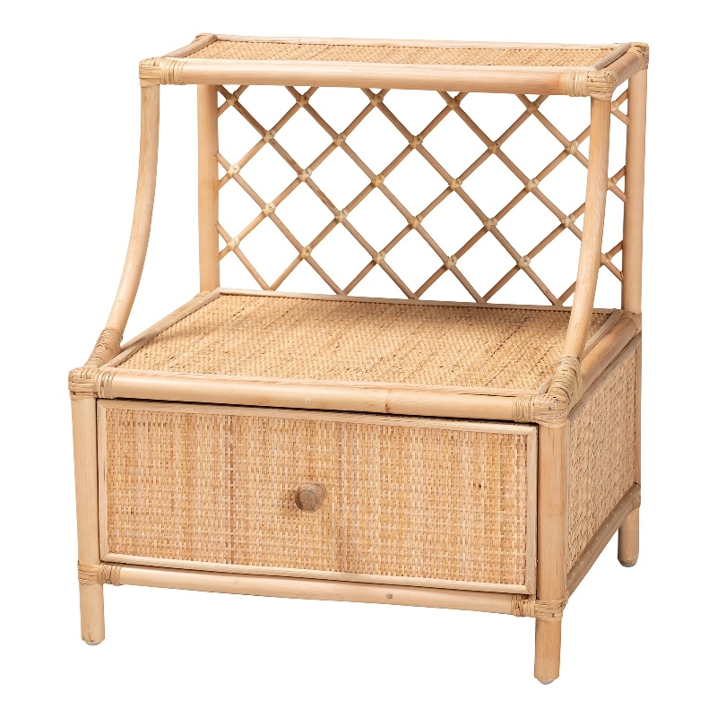 Pemberly Row Modern Bohemian Natural Brown Rattan 1-Drawer Nightstand