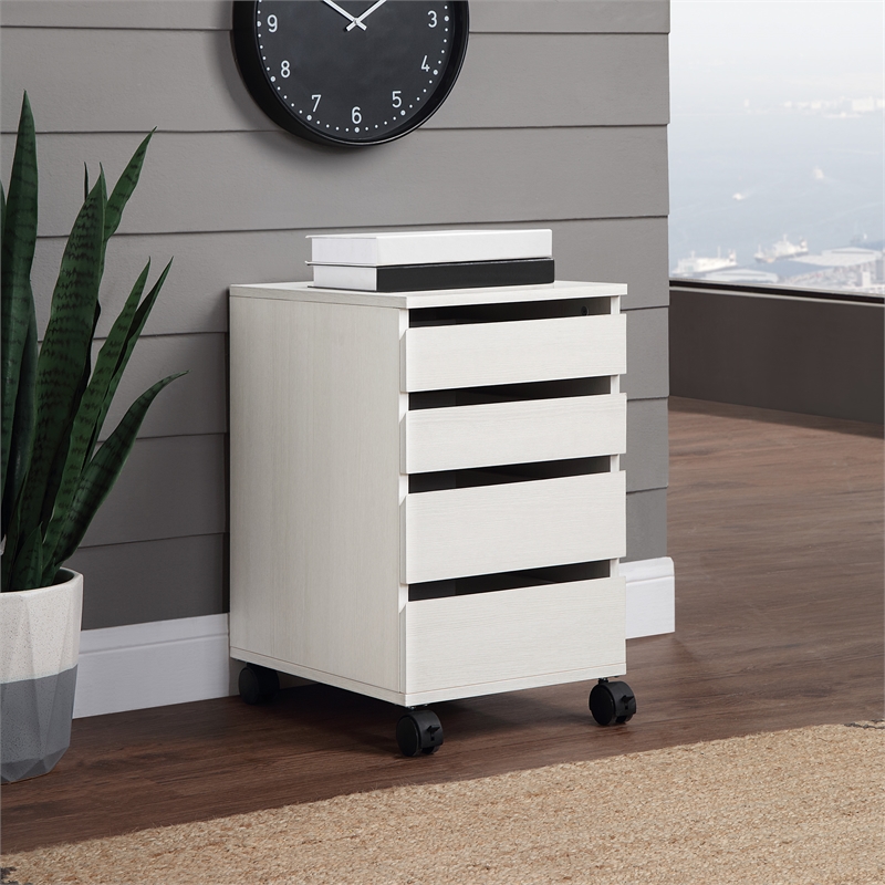 Pemberly Row 4-Drawer Mobile Storage Cart in Engineered Wood White Oak Finish