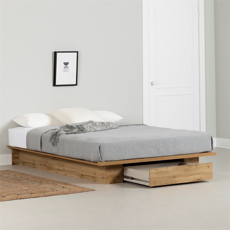 Pemberly Row Modern Platform Bed with Drawer Full/Queen Nordik Oak