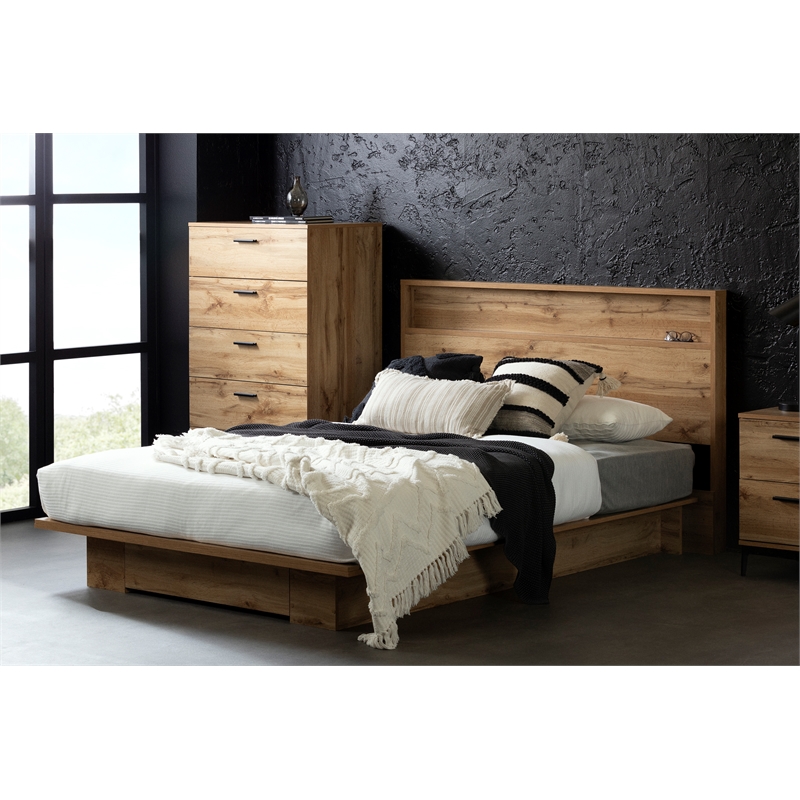 Pemberly Row Modern Platform Bed with Drawer Full/Queen Nordik Oak