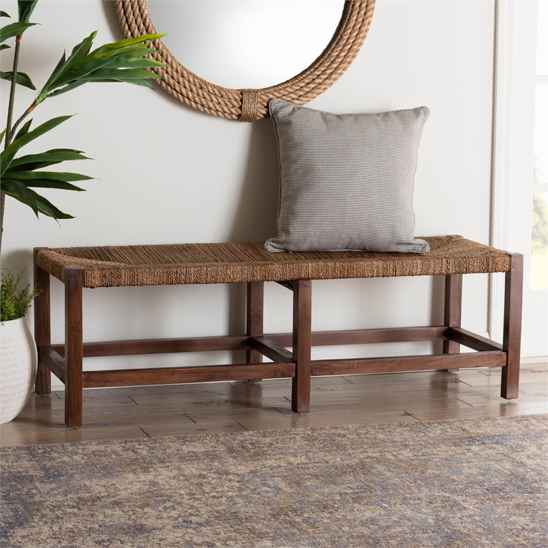 Pemberly Row Bohemian Natural Seagrass and Wood Accent Bench