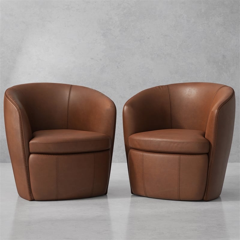 Pemberly Row Vintage Whiskey Italian Leather Swivel Club Chair Two Pack