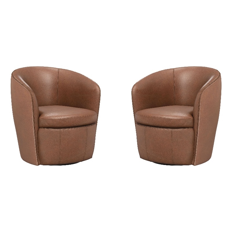Pemberly Row Vintage Whiskey Italian Leather Swivel Club Chair Two Pack