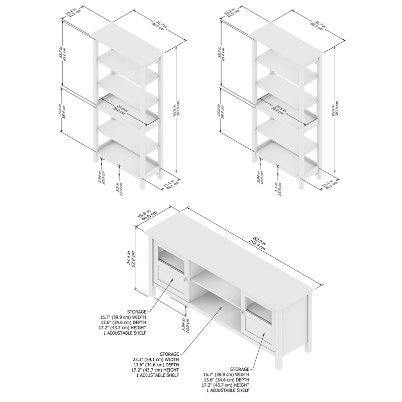 Pemberly Row Farmhouse 60W TV Stand with Bookcases - Engineered Wood