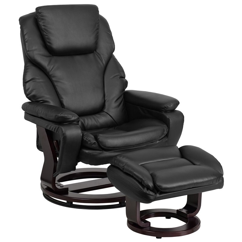 Pemberly Row Recliner and Ottoman with Mahogany Base in Black