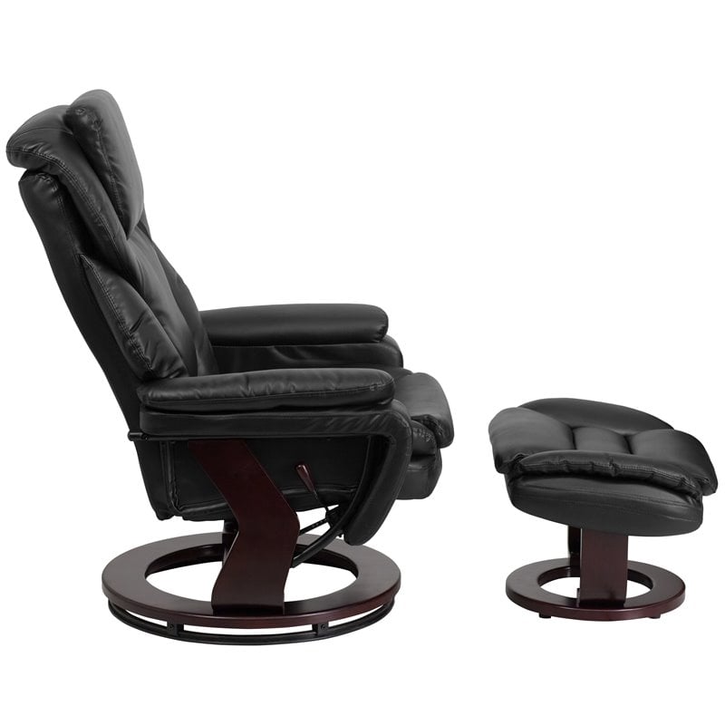 Pemberly Row Recliner and Ottoman with Mahogany Base in Black