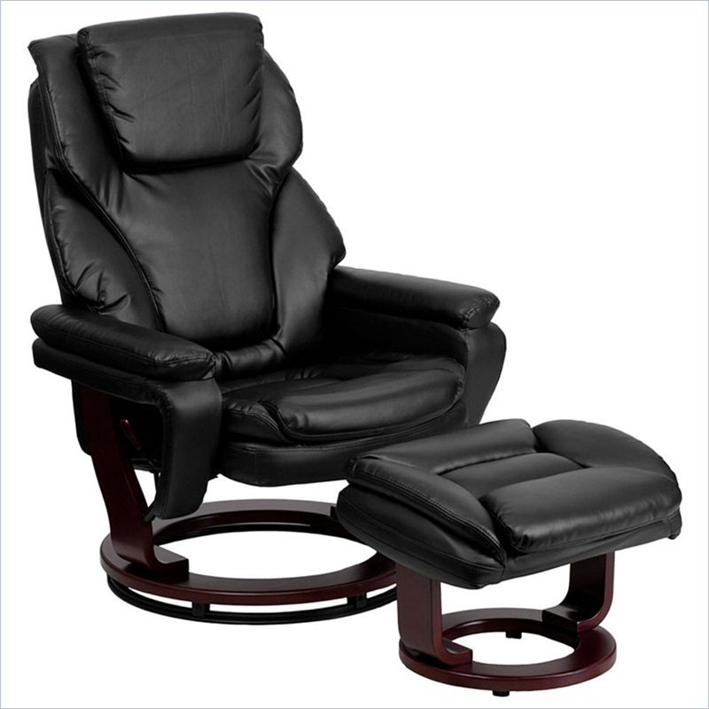 Pemberly Row Recliner and Ottoman with Mahogany Base in Black