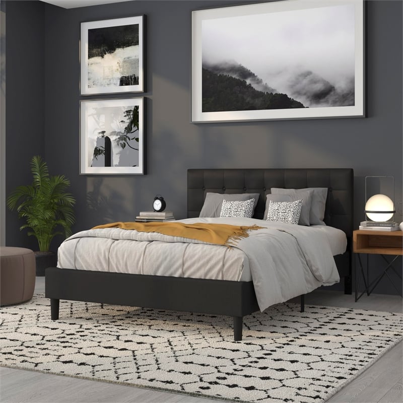 Pemberly Row Modern Upholstered Queen Panel Headboard in Black