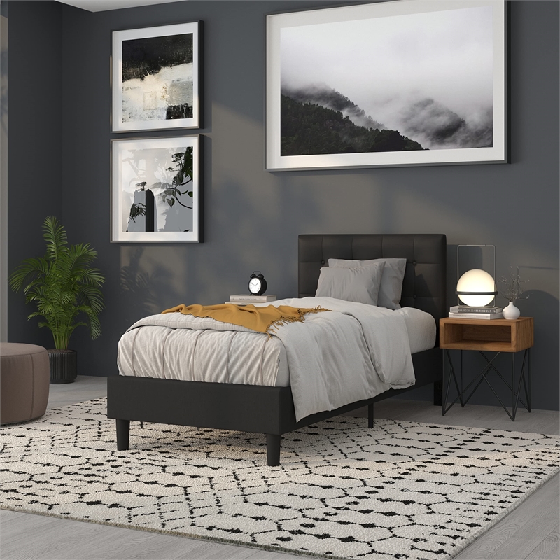 Pemberly Row Faux Leather Tufted Twin Panel Headboard in Black