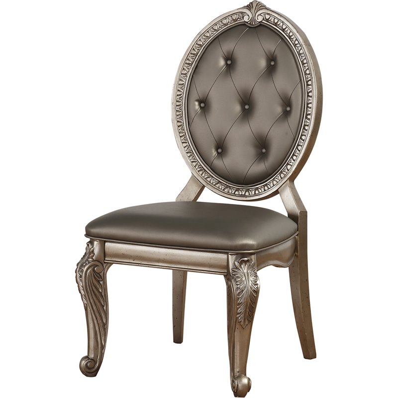 Pemberly Row Faux Leather Tufted Dining Side Chair in Silver Set of 2