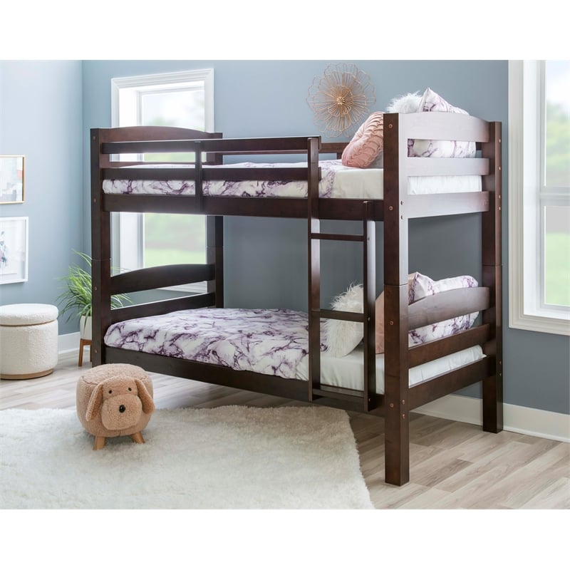 Pemberly Row Modern Twin over Twin Wood Bunk Bed in Espresso