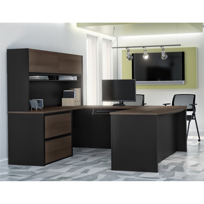 Pemberly Row 6 Piece U Shaped Computer Desk with Hutch in Antigua and Black