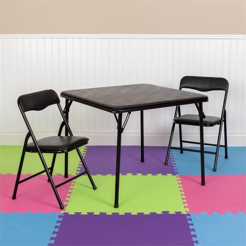 Pemberly Row 3 Piece Square Faux Leather Top Kids Folding Table Set in Black