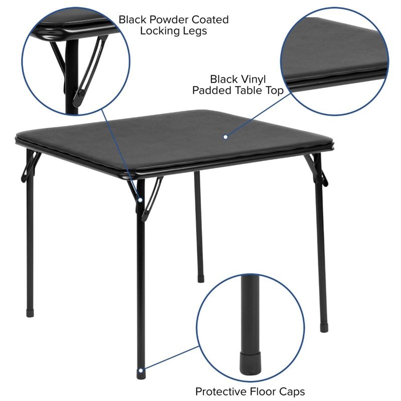 Pemberly Row 3 Piece Square Faux Leather Top Kids Folding Table Set in Black