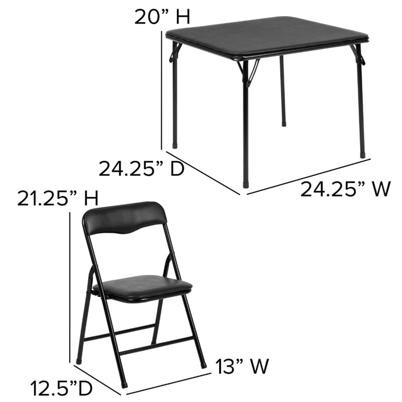 Pemberly Row 3 Piece Square Faux Leather Top Kids Folding Table Set in Black