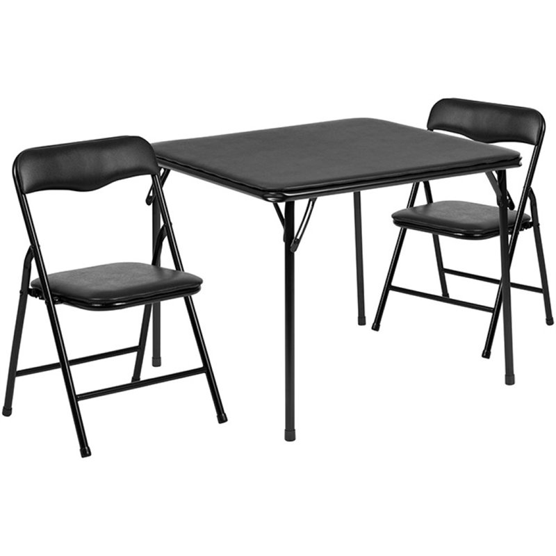 Pemberly Row 3 Piece Square Faux Leather Top Kids Folding Table Set in Black