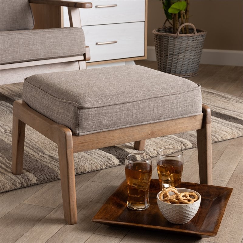 Pemberly Row Light Gray Upholstered Antique Oak Wood Ottoman