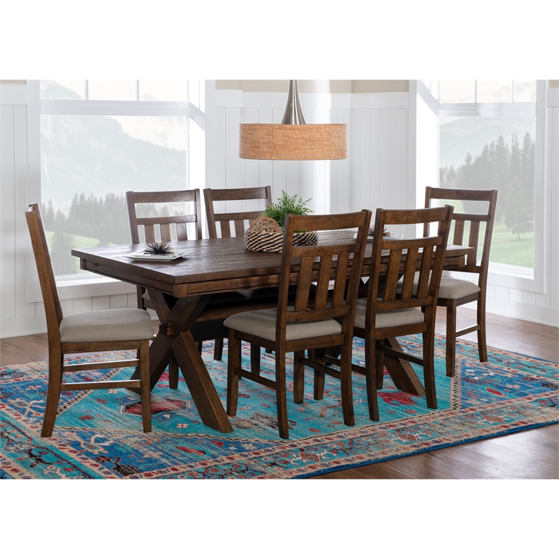 Pemberly Row 7 Piece Wood Dining Set X Frame Padded Seats in Rustic Umber Finish