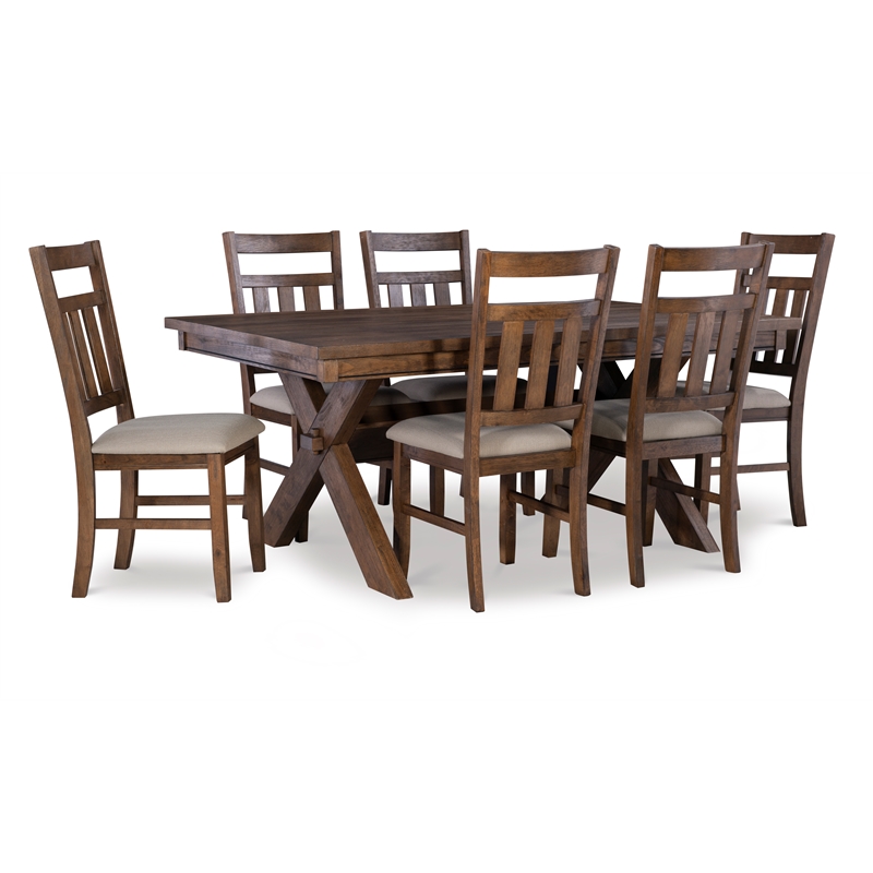 Pemberly Row 7 Piece Wood Dining Set X Frame Padded Seats in Rustic Umber Finish