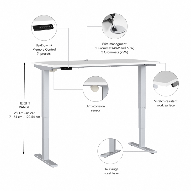 Pemberly Row 48W Height Adjustable Desk in White - Engineered Wood