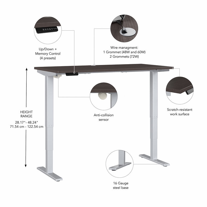 Pemberly Row 48W Height Adjustable Desk in Storm Gray - Engineered Wood