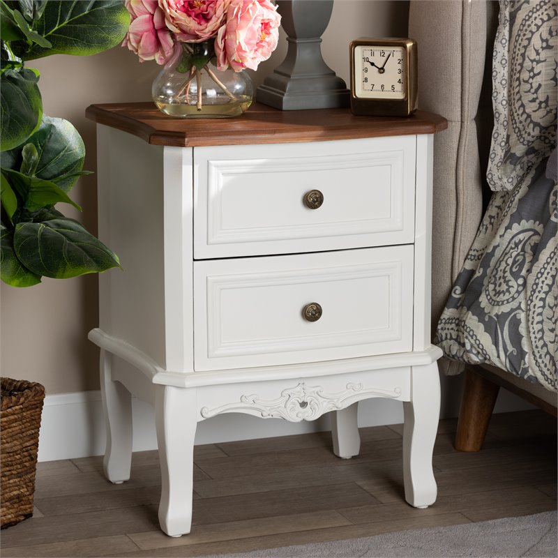 Pemberly Row White and Cherry Brown Finished Wood 2-Drawer End Table