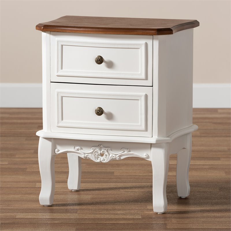 Pemberly Row White and Cherry Brown Finished Wood 2-Drawer End Table