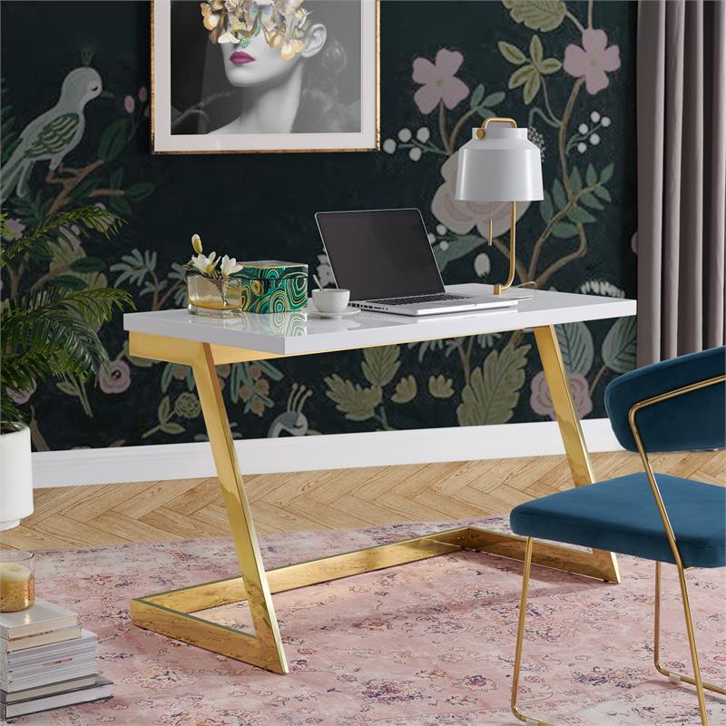 Pemberly Row Modern Stainless Steel Base Writing Desk in White/Gold