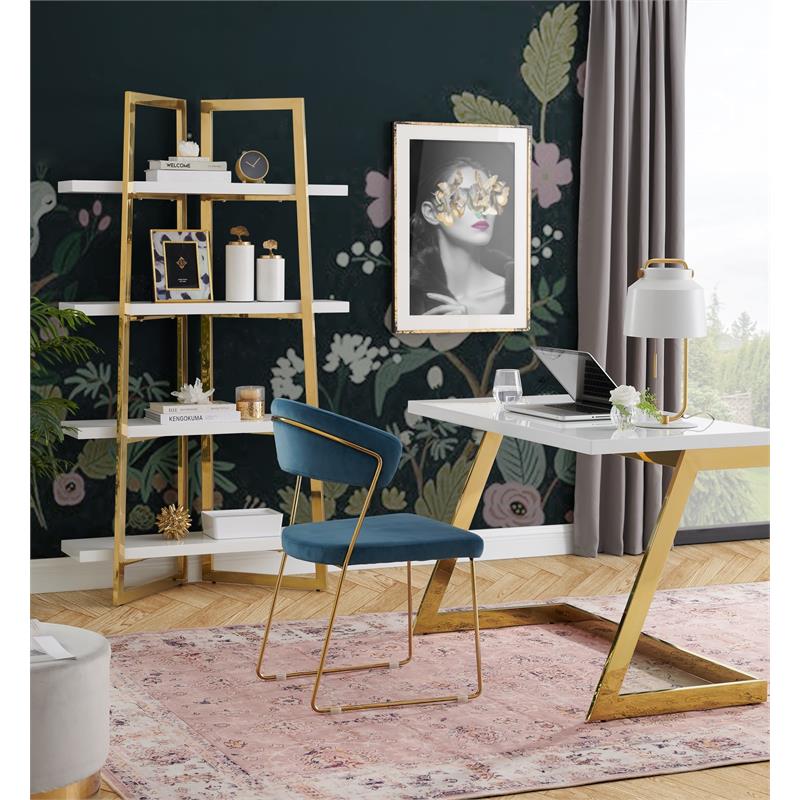 Pemberly Row Modern Stainless Steel Base Writing Desk in White/Gold