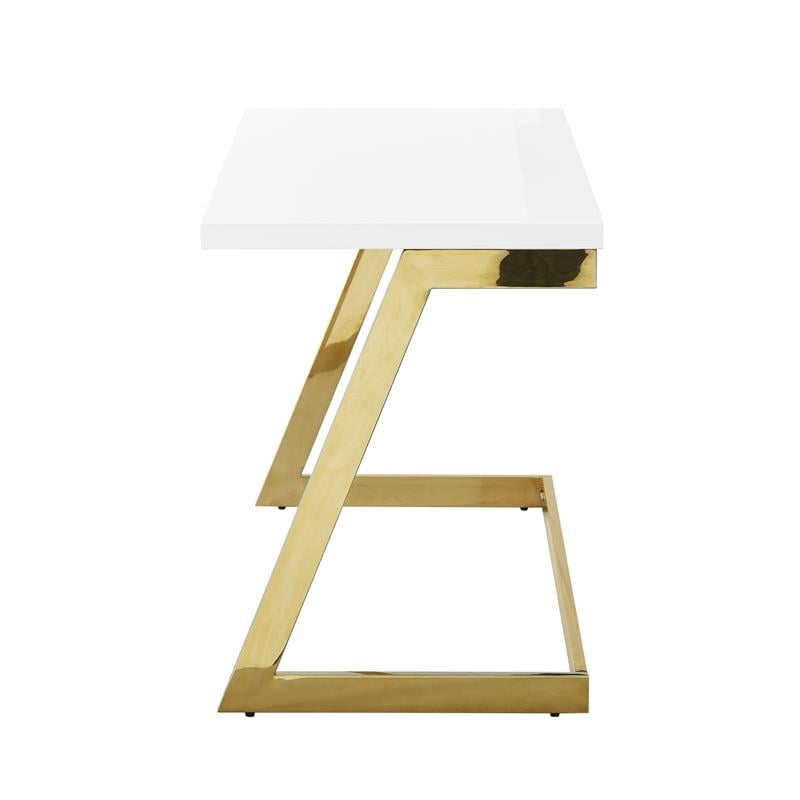 Pemberly Row Modern Stainless Steel Base Writing Desk in White/Gold