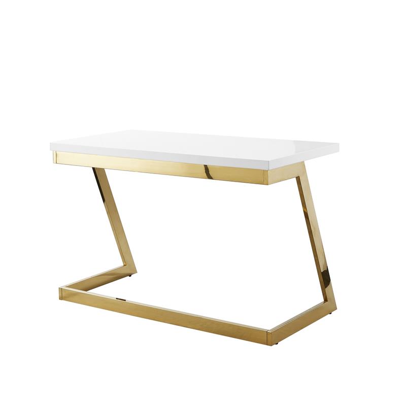 Pemberly Row Modern Stainless Steel Base Writing Desk in White/Gold