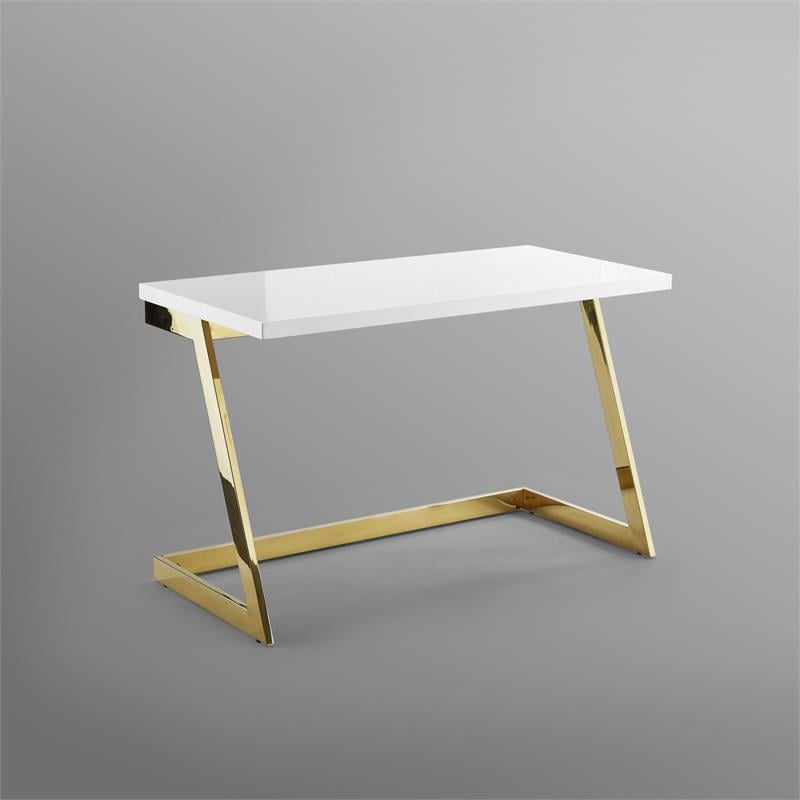 Pemberly Row Modern Stainless Steel Base Writing Desk in White/Gold