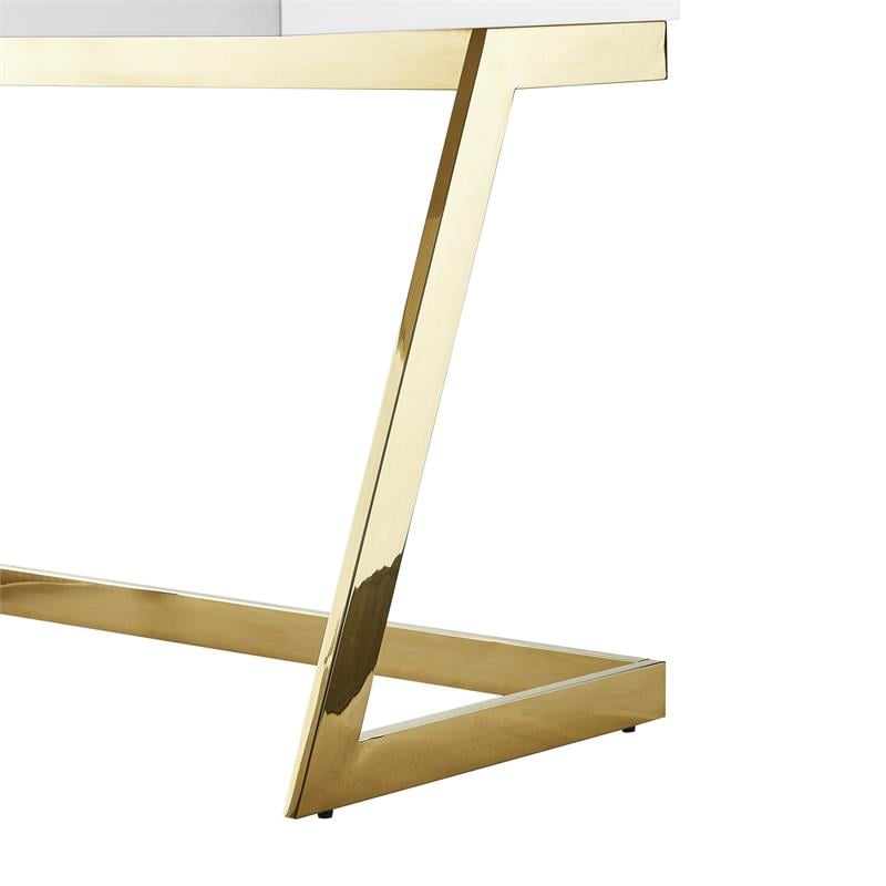 Pemberly Row Modern Stainless Steel Base Writing Desk in White/Gold