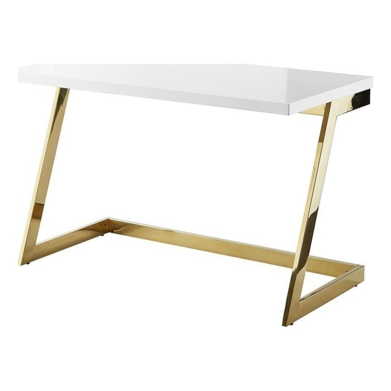 Pemberly Row Modern Stainless Steel Base Writing Desk in White/Gold