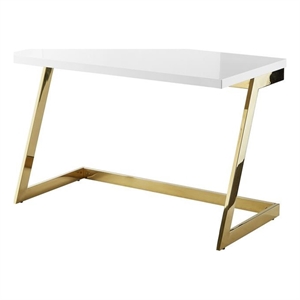 Pemberly Row Modern Stainless Steel Base Writing Desk in White/Gold