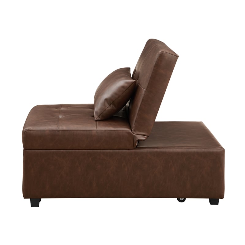 Pemberly Row Upholstered Faux Leather Convertible Chair to Sofa Bed in Brown