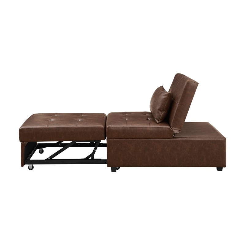 Pemberly Row Upholstered Faux Leather Convertible Chair to Sofa Bed in Brown
