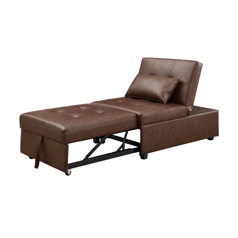 Pemberly Row Upholstered Faux Leather Convertible Chair to Sofa Bed in Brown