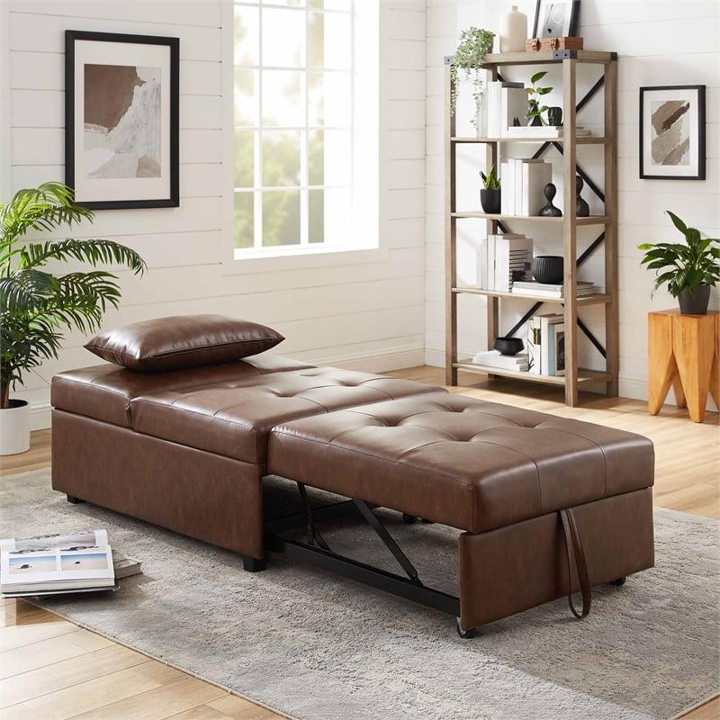 Pemberly Row Upholstered Faux Leather Convertible Chair to Sofa Bed in Brown