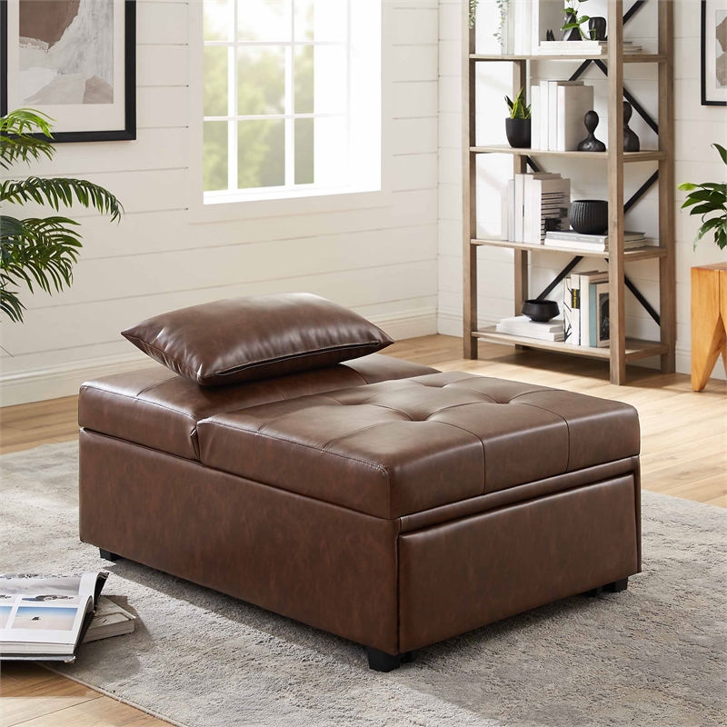 Pemberly Row Upholstered Faux Leather Convertible Chair to Sofa Bed in Brown