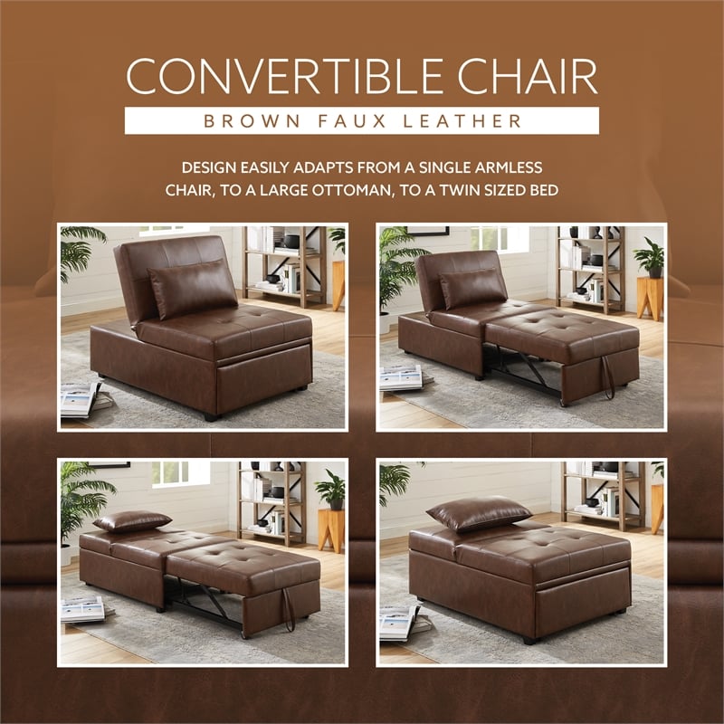 Pemberly Row Upholstered Faux Leather Convertible Chair to Sofa Bed in Brown