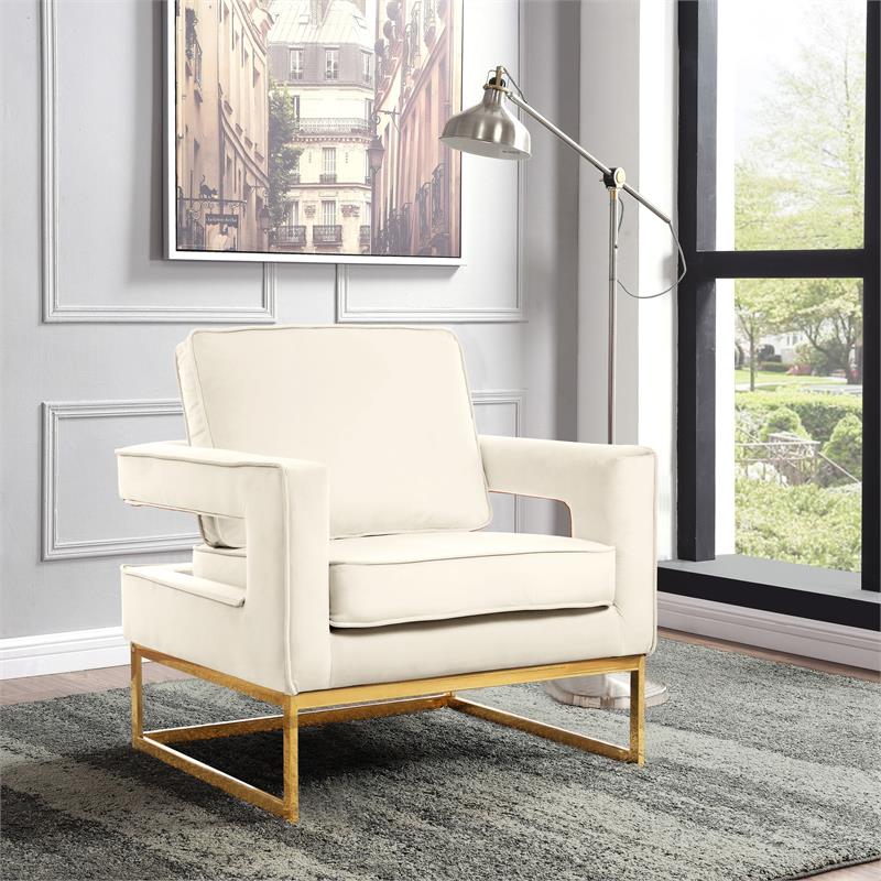 Pemberly Row Modern Cream Velvet Accent Chair with Gold Iron Base