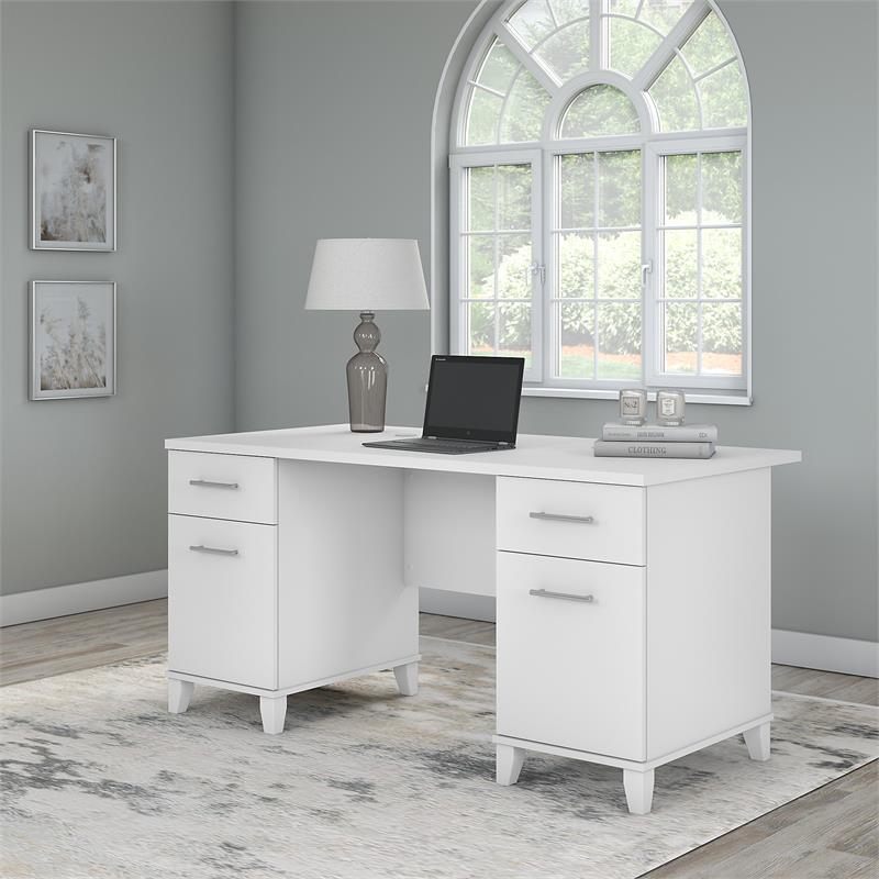 Pemberly Row 60W Office Desk with Drawers in White - Engineered Wood