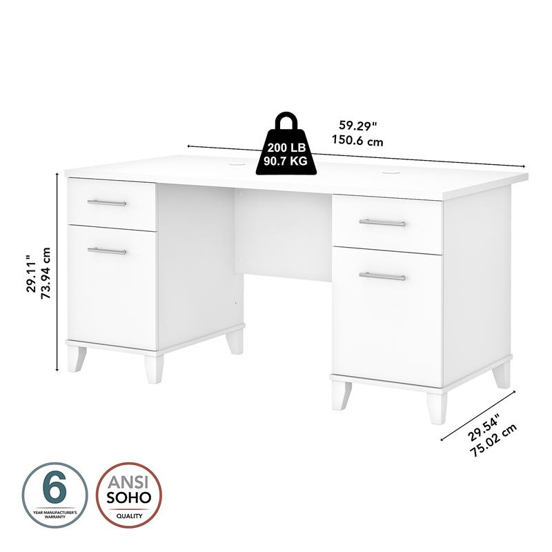 Pemberly Row 60W Office Desk with Drawers in White - Engineered Wood