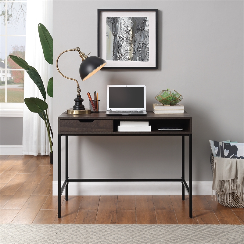 Pemberly Row 40-Inch Desk with Drawer and Shelf in Brown Wood Grain Finish